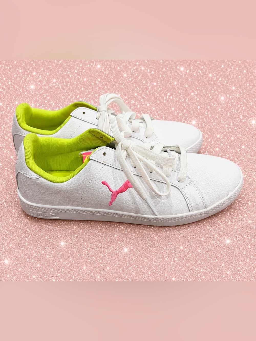 Puma White Leather Sneakers with Neon Pink & Lime Accents-size 7.5